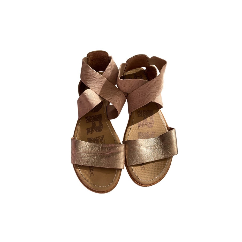 Sorel Ella Sandal Rose Gold Metallic Leather Elastic Ankle Strap Flat Sandals